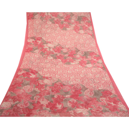 Sanskriti Vintage Pink Indian Sarees Chiffon Printed Sari Floral Craft Sustainable Fabric