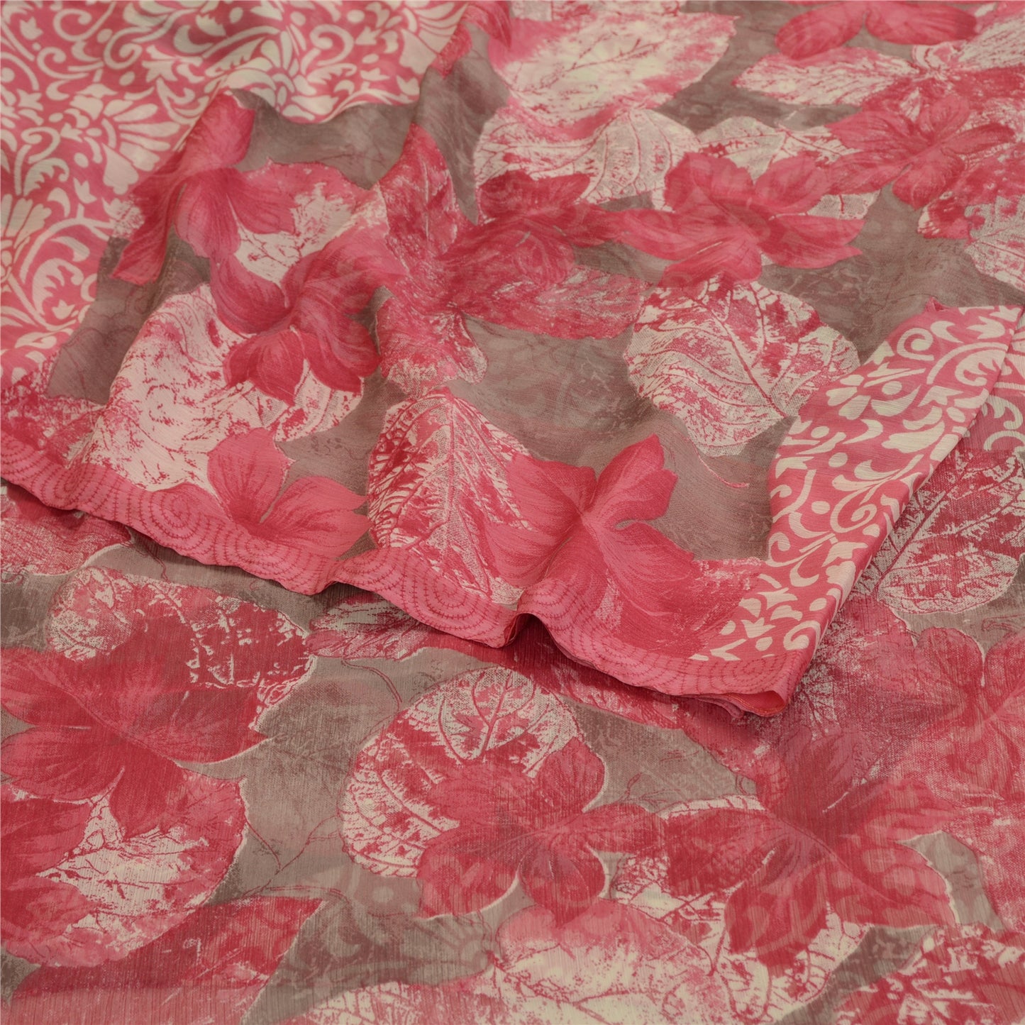 Sanskriti Vintage Pink Indian Sarees Chiffon Printed Sari Floral Craft Sustainable Fabric