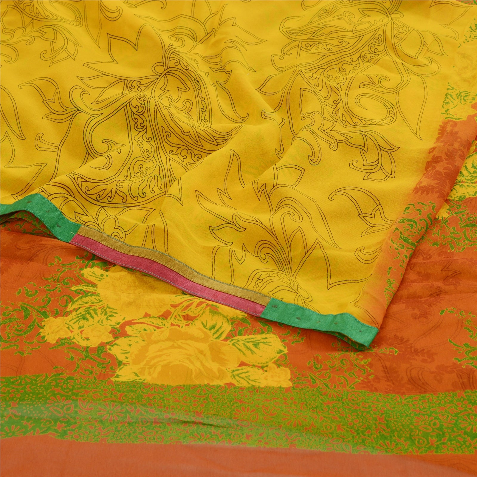 Sanskriti Vintage Yellow Sarees Pure Georgette Silk Printed Sari Craft Sustainable Fabric