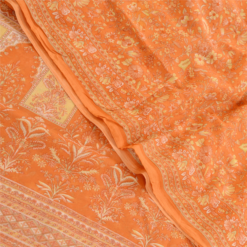 Sanskriti Vintage Indian Orange Sarees Georgette Printed Sari 5yd Craft Sustainable Fabric