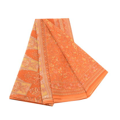 Sanskriti Vintage Indian Orange Sarees Georgette Printed Sari 5yd Craft Sustainable Fabric