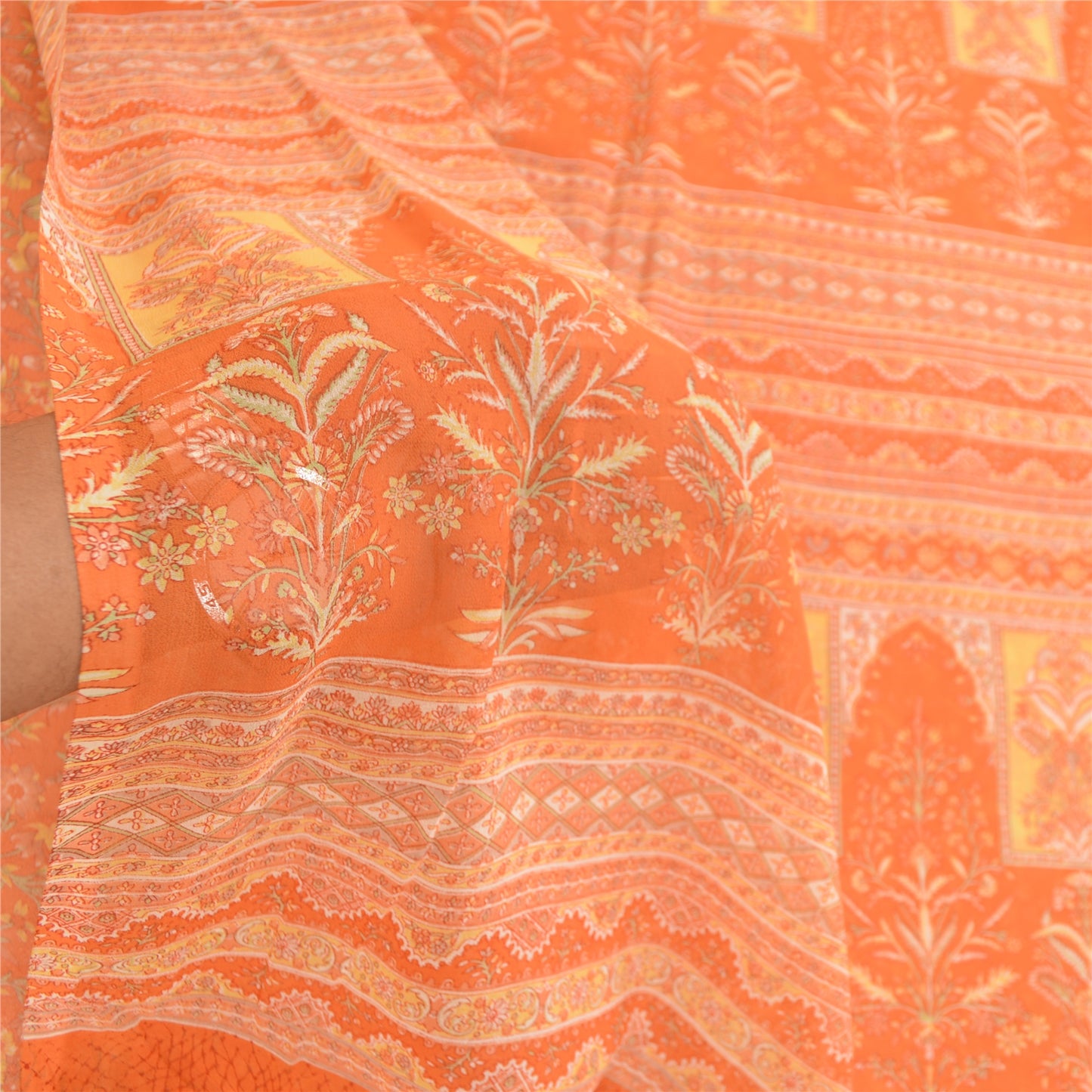 Sanskriti Vintage Indian Orange Sarees Georgette Printed Sari 5yd Craft Sustainable Fabric