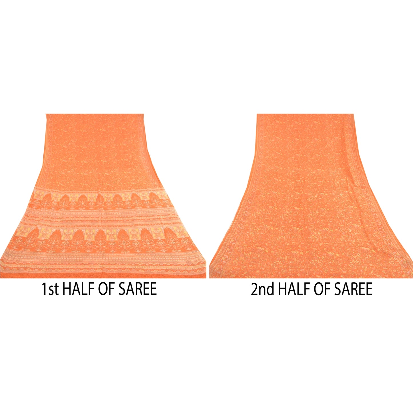 Sanskriti Vintage Indian Orange Sarees Georgette Printed Sari 5yd Craft Sustainable Fabric