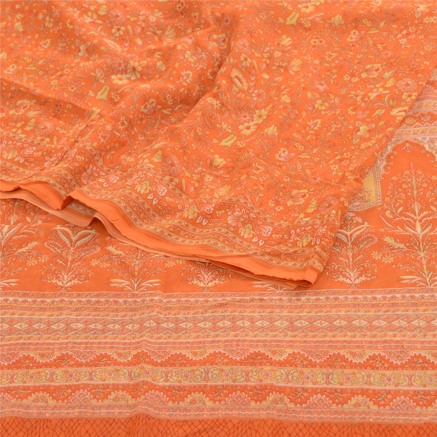Sanskriti Vintage Indian Orange Sarees Georgette Printed Sari 5yd Craft Sustainable Fabric