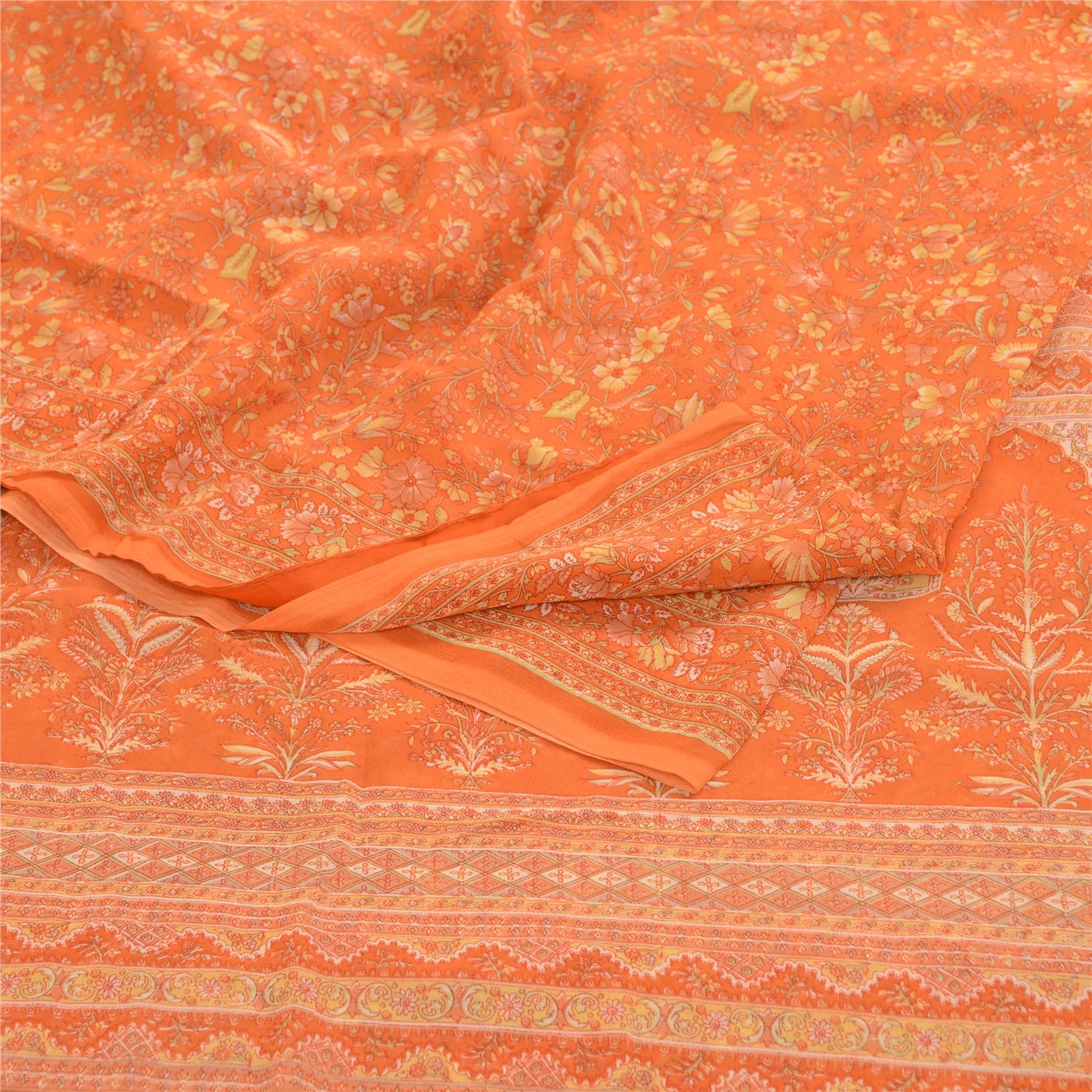 Sanskriti Vintage Indian Orange Sarees Georgette Printed Sari 5yd Craft Sustainable Fabric