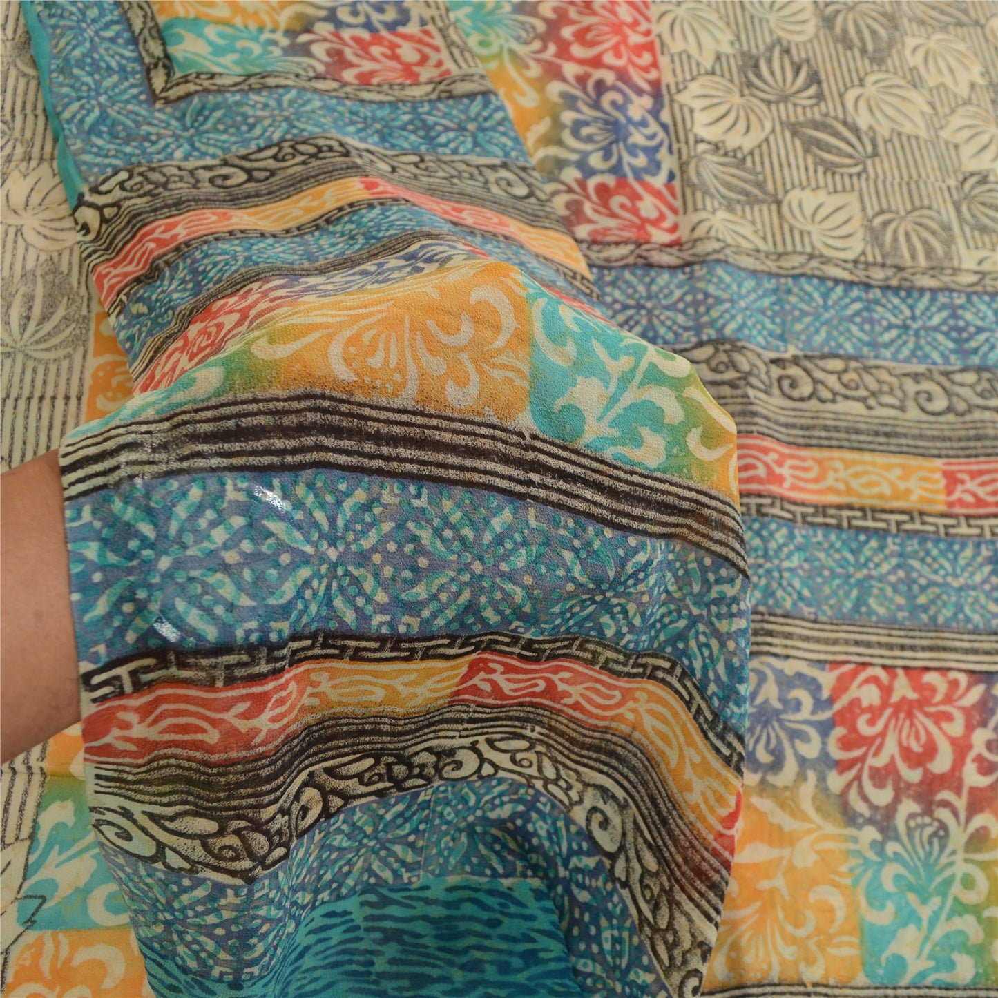 Sanskriti Vintage Multi Sarees Pure Georgette Silk Printed Sari 5yd Craft Sustainable Fabric