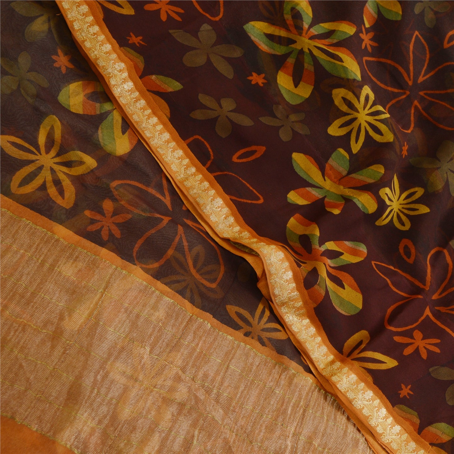 Sanskriti Vintage 100% Pure Georgette Silk Brown Printed Zari Work Sarees 5 Yd Fabric Recycled For Quilting Felting, Home Decor