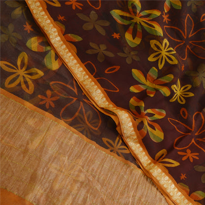 Sanskriti Vintage 100% Pure Georgette Silk Brown Printed Zari Work Sarees 5 Yd Fabric Recycled For Quilting Felting, Home Decor