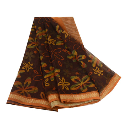Sanskriti Vintage 100% Pure Georgette Silk Brown Printed Zari Work Sarees 5 Yd Fabric Recycled For Quilting Felting, Home Decor