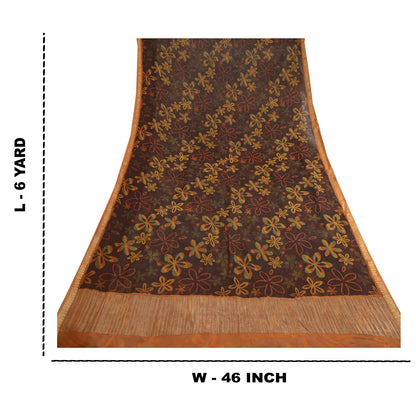 Sanskriti Vintage 100% Pure Georgette Silk Brown Printed Zari Work Sarees 5 Yd Fabric Recycled For Quilting Felting, Home Decor