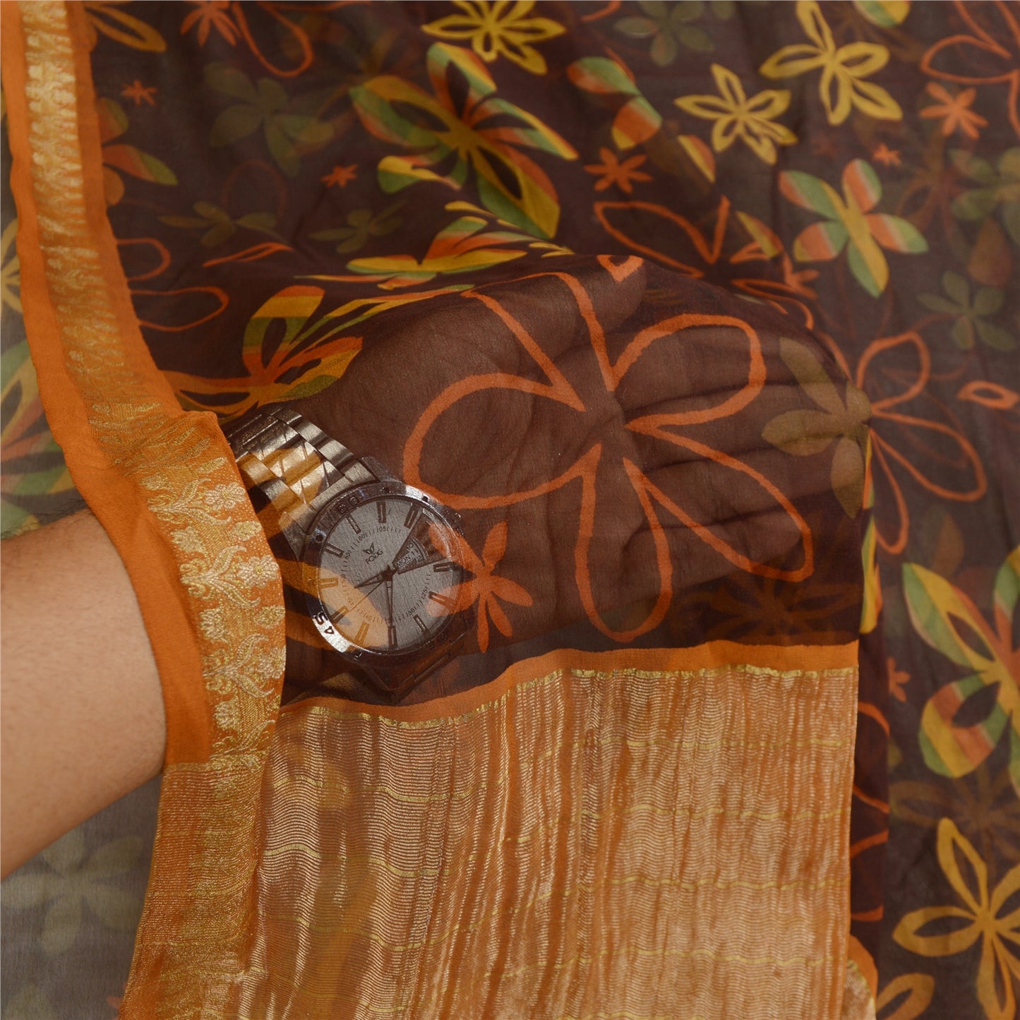 Sanskriti Vintage 100% Pure Georgette Silk Brown Printed Zari Work Sarees 5 Yd Fabric Recycled For Quilting Felting, Home Decor