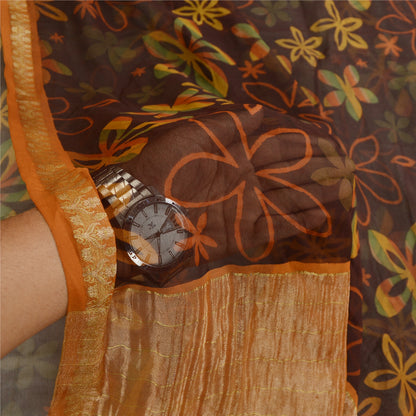 Sanskriti Vintage 100% Pure Georgette Silk Brown Printed Zari Work Sarees 5 Yd Fabric Recycled For Quilting Felting, Home Decor