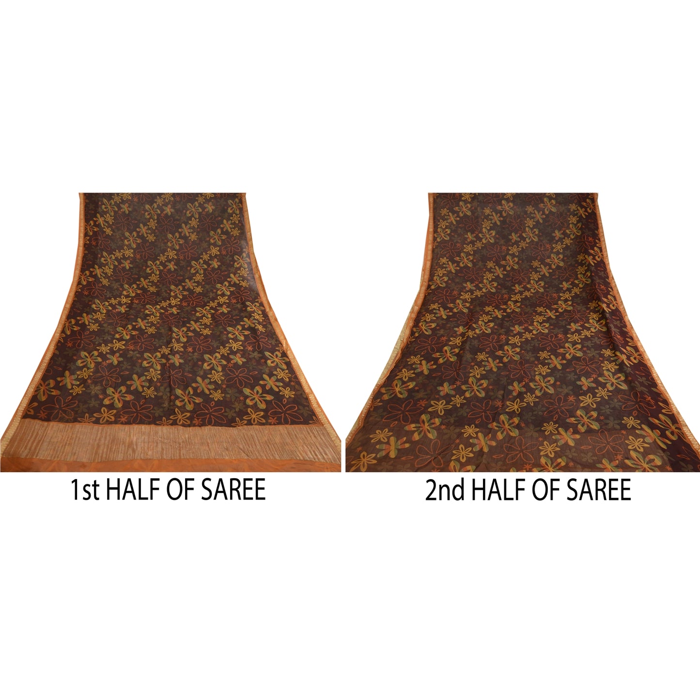 Sanskriti Vintage 100% Pure Georgette Silk Brown Printed Zari Work Sarees 5 Yd Fabric Recycled For Quilting Felting, Home Decor
