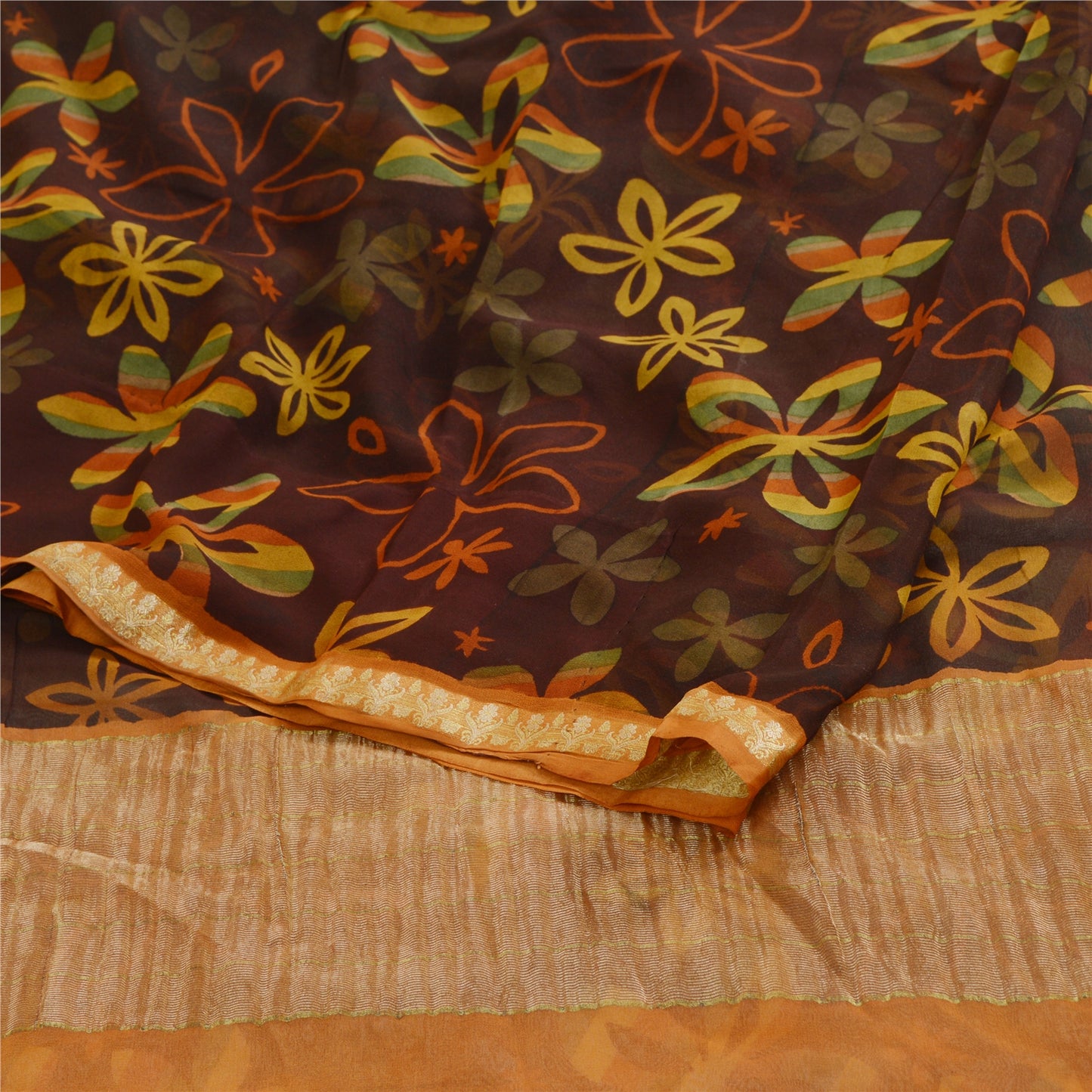 Sanskriti Vintage 100% Pure Georgette Silk Brown Printed Zari Work Sarees 5 Yd Fabric Recycled For Quilting Felting, Home Decor