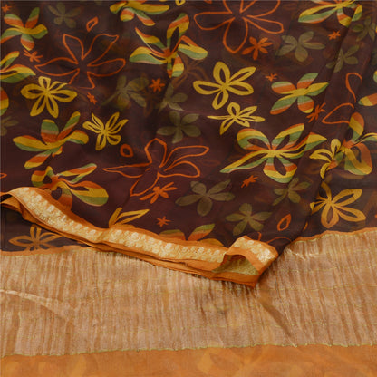 Sanskriti Vintage 100% Pure Georgette Silk Brown Printed Zari Work Sarees 5 Yd Fabric Recycled For Quilting Felting, Home Decor