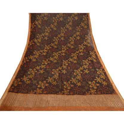 Sanskriti Vintage 100% Pure Georgette Silk Brown Printed Zari Work Sarees 5 Yd Fabric Recycled For Quilting Felting, Home Decor