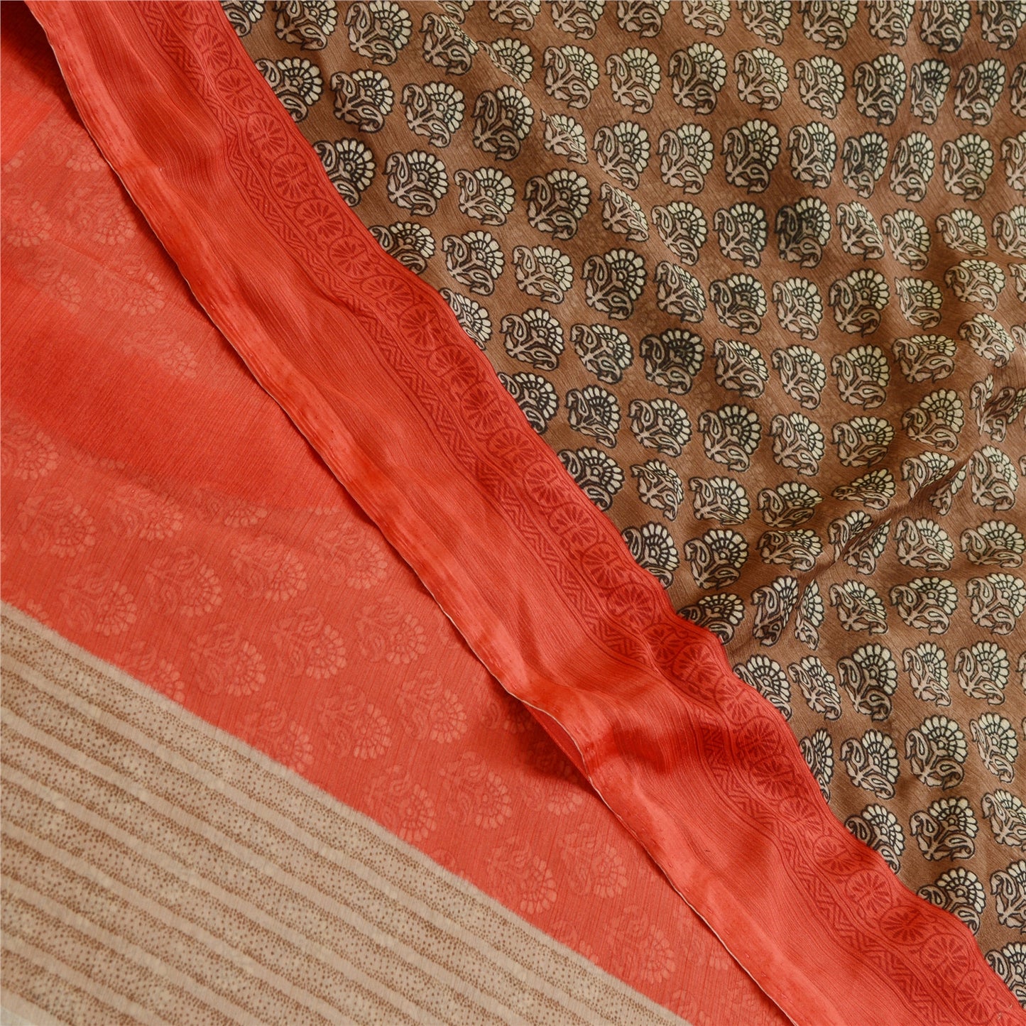 Sanskriti Vintage Sari Georgette Brown Printed Floral 5Yd Craft Fabric Sarees Create-Floral Dresses, Kaftans, Skirts, Tops