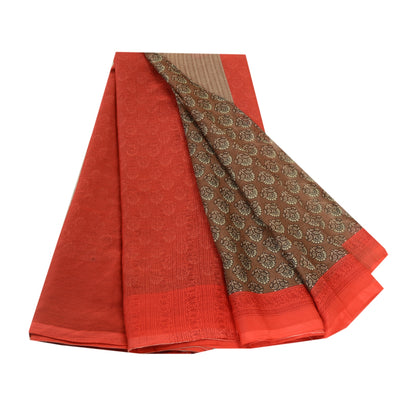 Sanskriti Vintage Sari Georgette Brown Printed Floral 5Yd Craft Fabric Sarees Create-Floral Dresses, Kaftans, Skirts, Tops