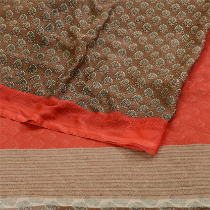 Sanskriti Vintage Sari Georgette Brown Printed Floral 5Yd Craft Fabric Sarees Create-Floral Dresses, Kaftans, Skirts, Tops