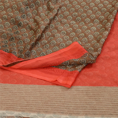 Sanskriti Vintage Sari Georgette Brown Printed Floral 5Yd Craft Fabric Sarees Create-Floral Dresses, Kaftans, Skirts, Tops