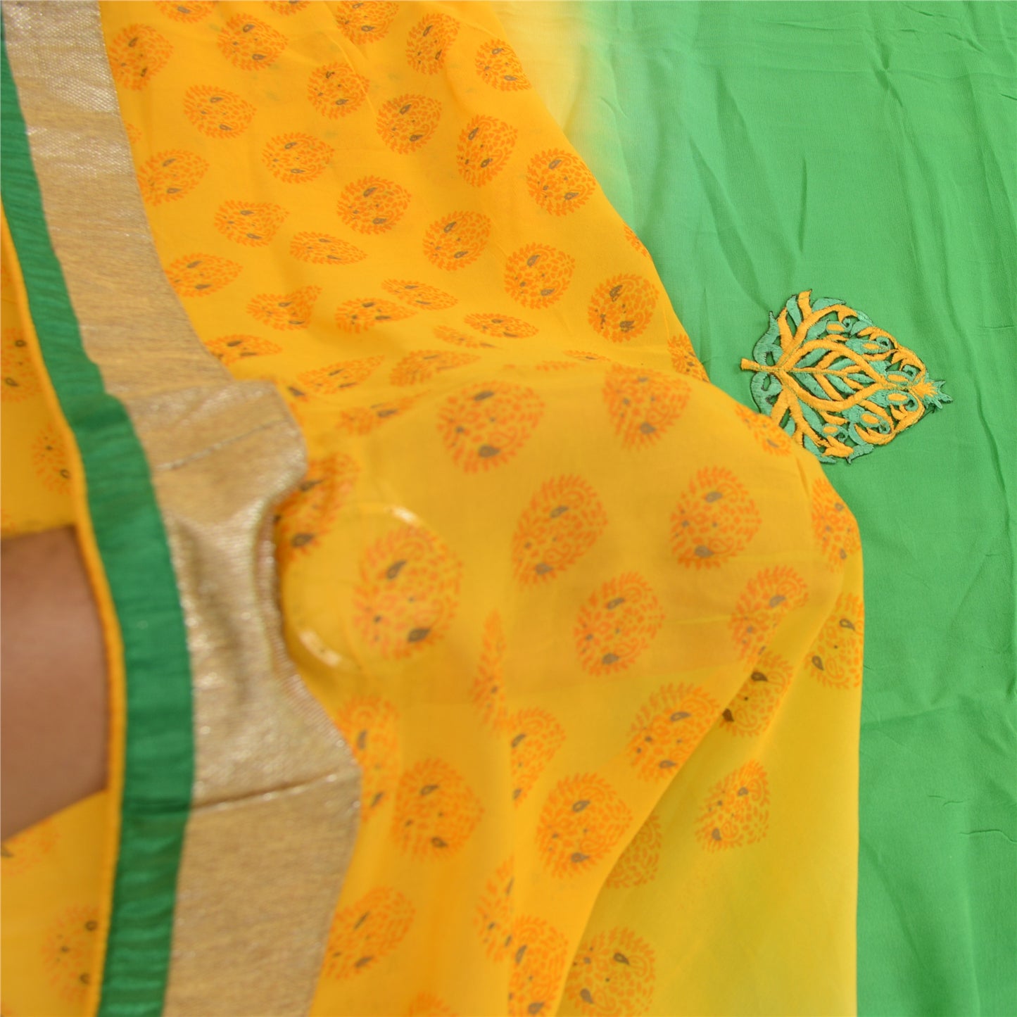 Sanskriti Vintage Sarees Print Broderet Grøn Ren Georgette Silke Sari Bæredygtigt Stof