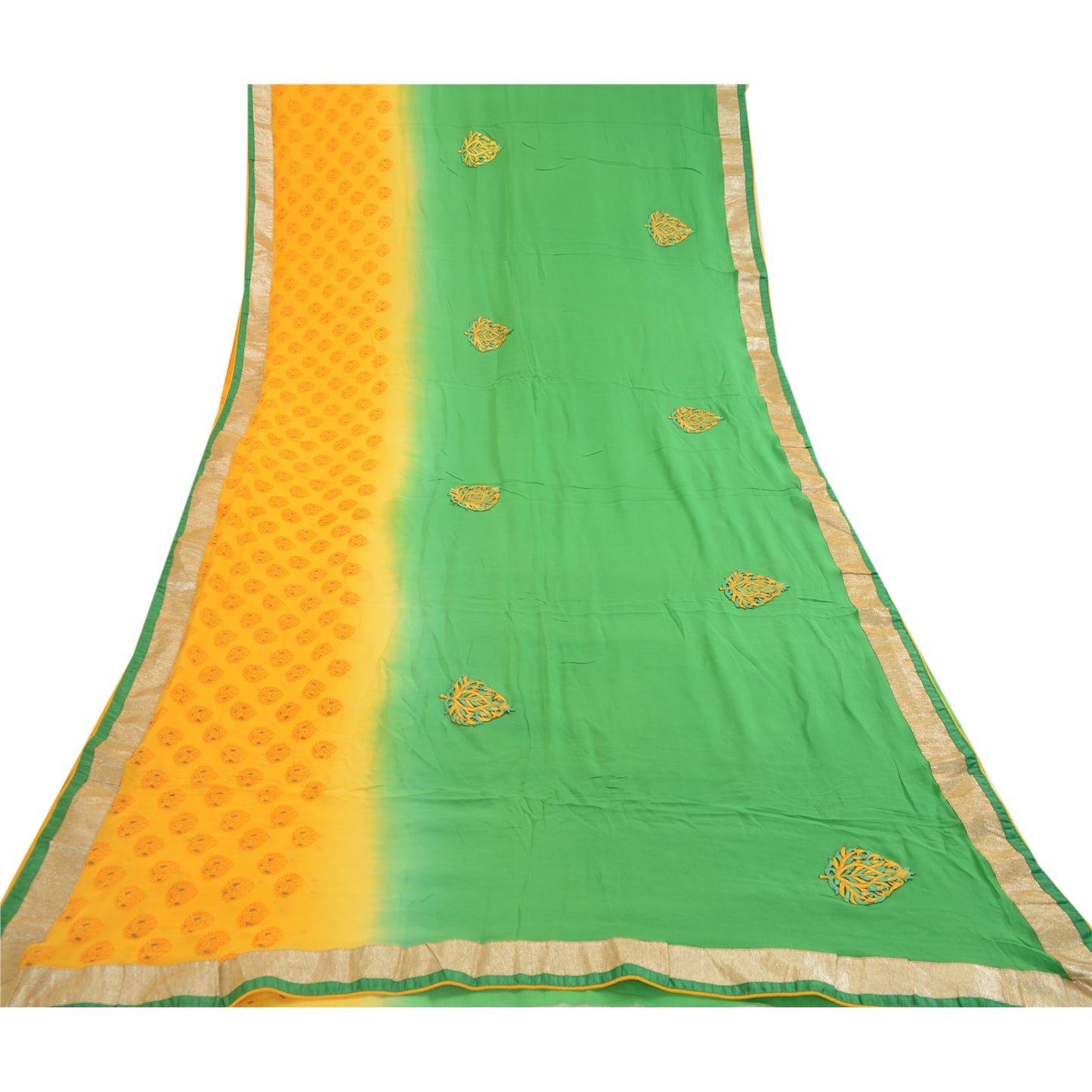 Sanskriti Vintage Sarees Print Broderet Grøn Ren Georgette Silke Sari Bæredygtigt Stof