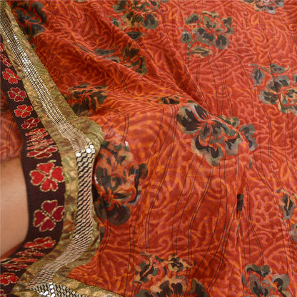 Sanskriti Vintage Sarees Print Patch Mørkerød Ren Georgette Silke Sari Bæredygtigt Stof