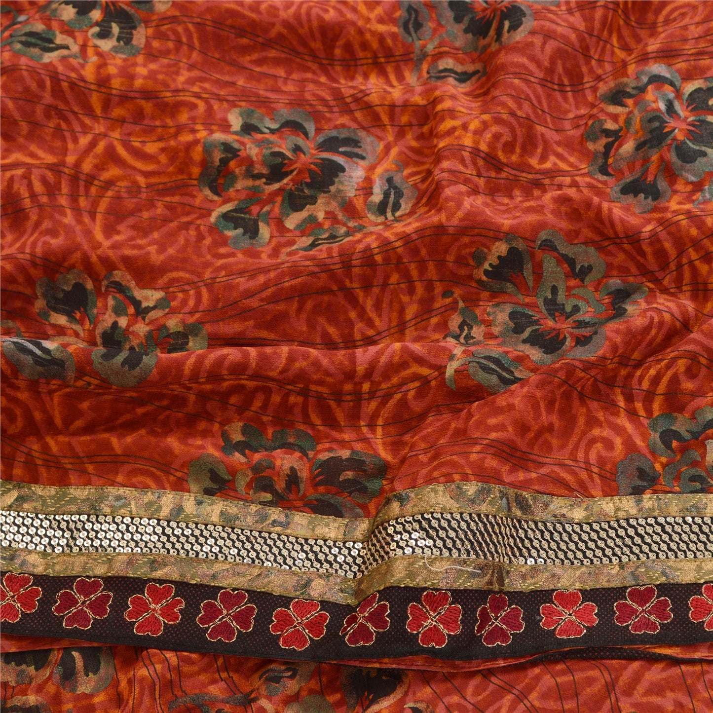 Sanskriti Vintage Sarees Print Patch Mørkerød Ren Georgette Silke Sari Bæredygtigt Stof