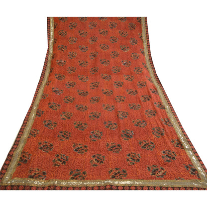 Sanskriti Vintage Sarees Print Patch Mørkerød Ren Georgette Silke Sari Bæredygtigt Stof