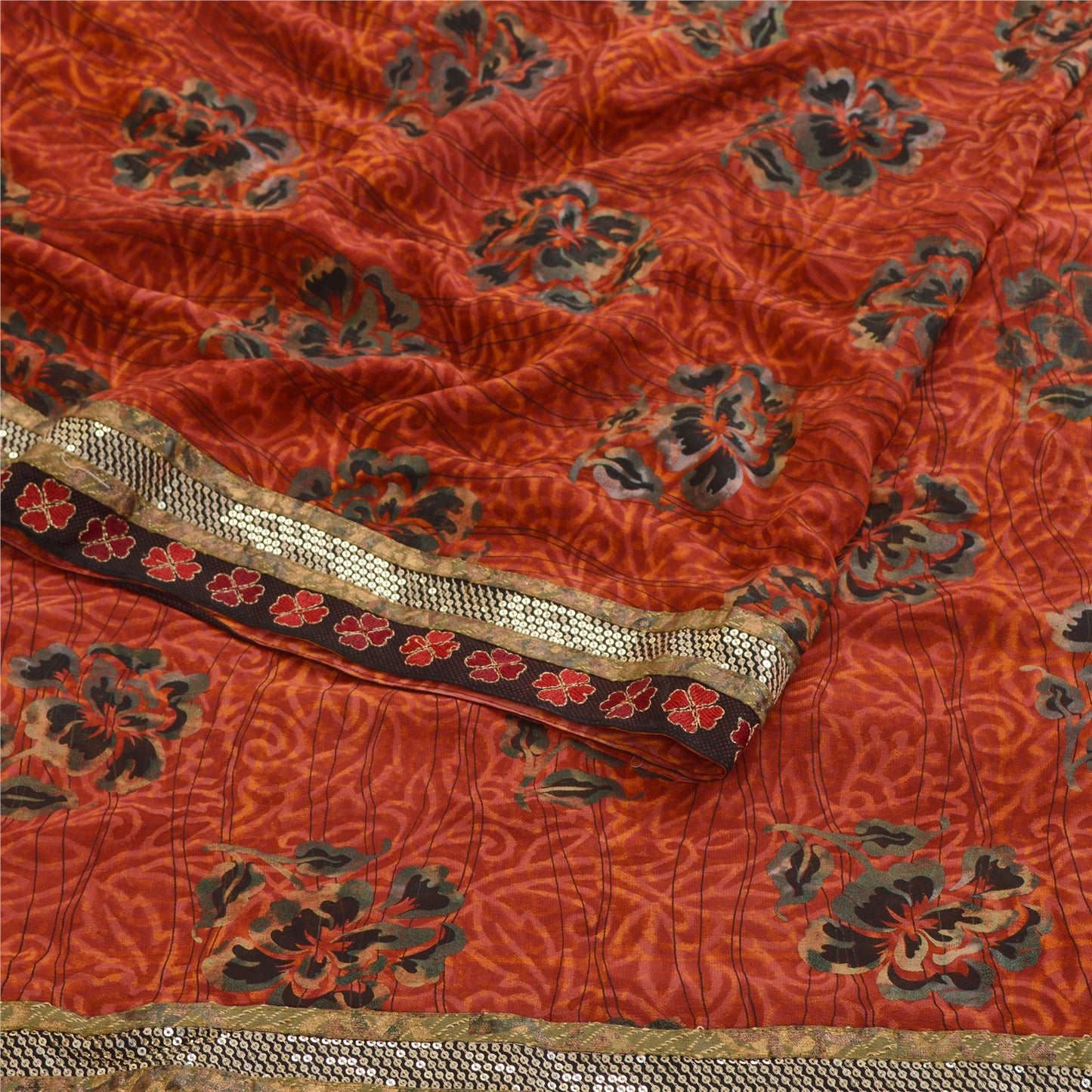 Sanskriti Vintage Sarees Print Patch Mørkerød Ren Georgette Silke Sari Bæredygtigt Stof