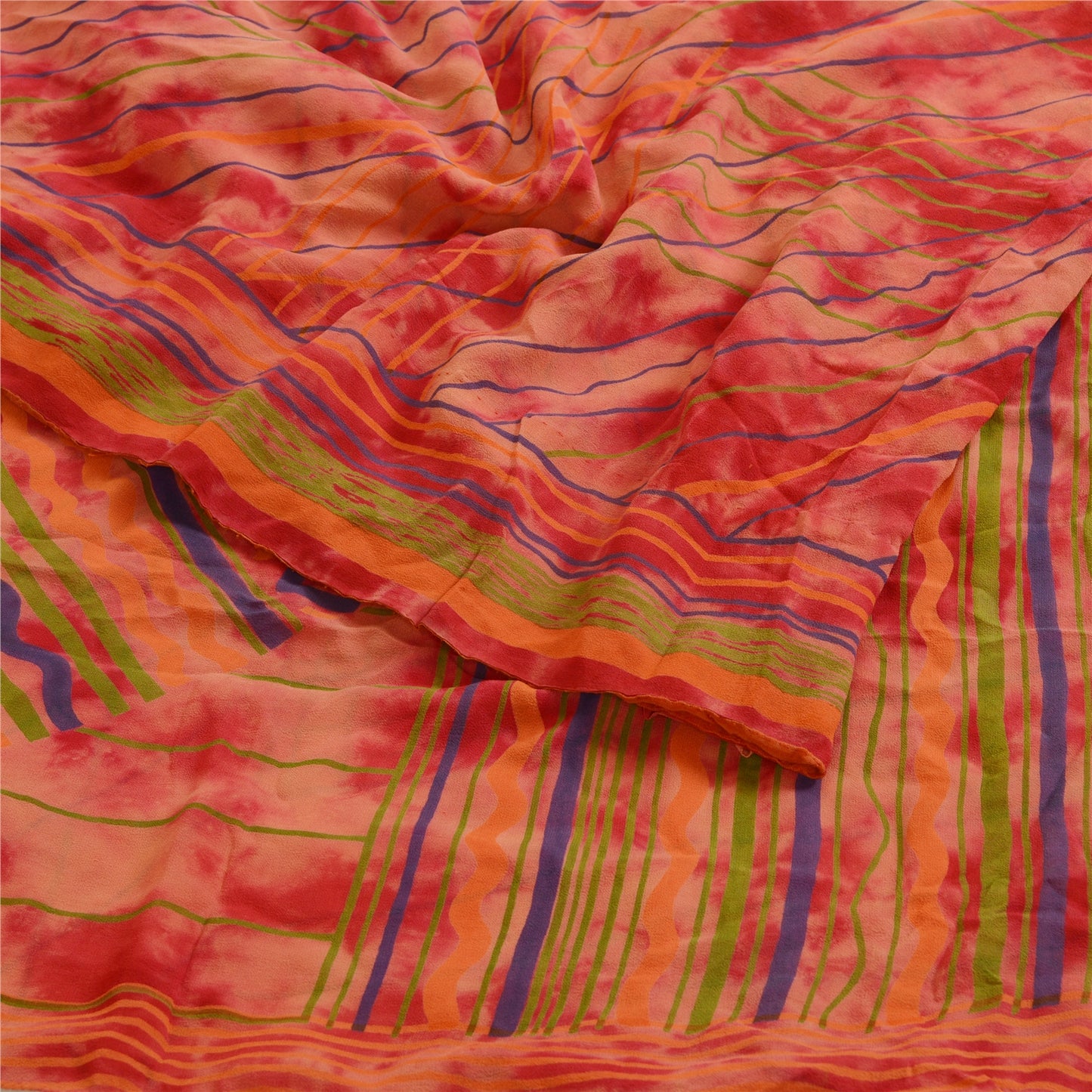 Sanskriti Vintage Red Tie-Dye Georgette Silk Saree: Printed Craft Fabric 5 Yd Create-Floral Dresses, Kaftans, Skirts, Tops