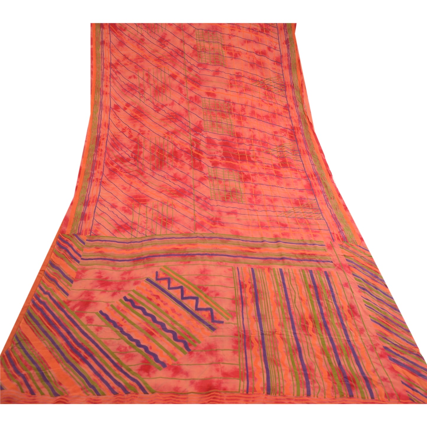Sanskriti Vintage Red Tie-Dye Georgette Silk Saree: Printed Craft Fabric 5 Yd Create-Floral Dresses, Kaftans, Skirts, Tops