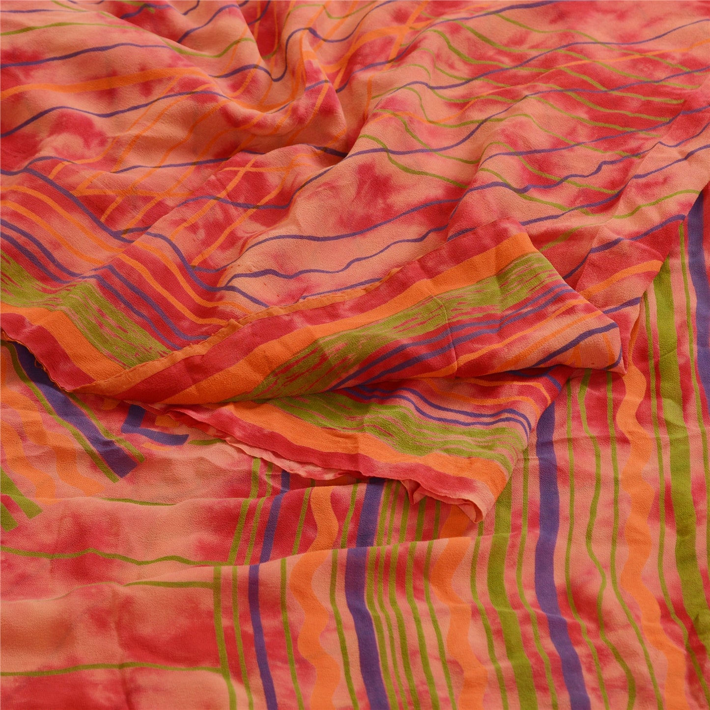 Sanskriti Vintage Red Tie-Dye Georgette Silk Saree: Printed Craft Fabric 5 Yd Create-Floral Dresses, Kaftans, Skirts, Tops