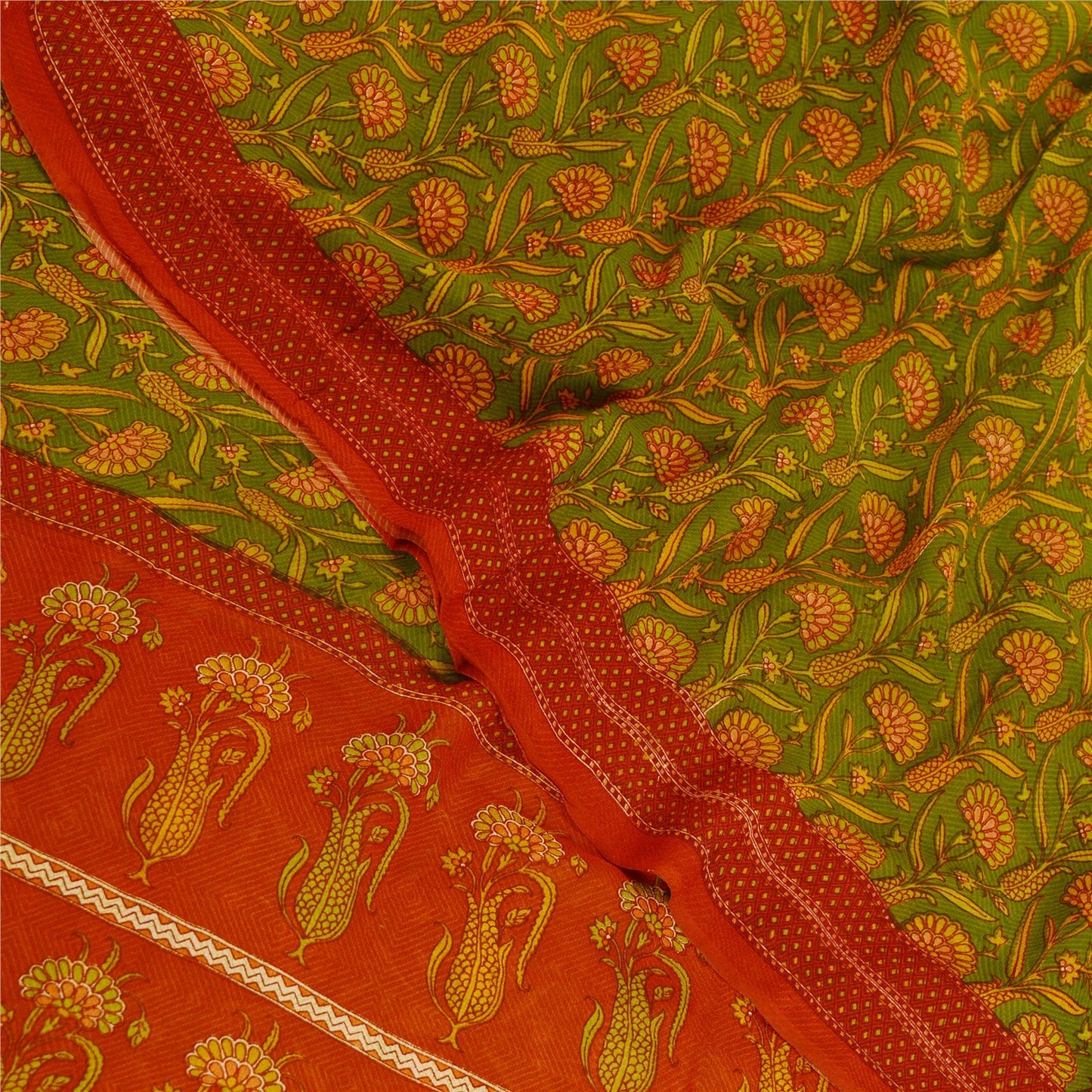Sanskriti Vintage Sarees Grønt Trykt Ren Georgette Silke Sari 5yd Håndværksmæssigt Bæredygtigt Stoff