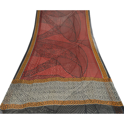 Sanskriti Vintage Sarees Dark Red Blend Georgette Printed Sari 5YD Craft Sustainable Fabric