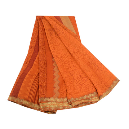 Sanskriti Vintage Sarees Saffron Pure Georgette Silk Printed Sari Craft Sustainable Fabric