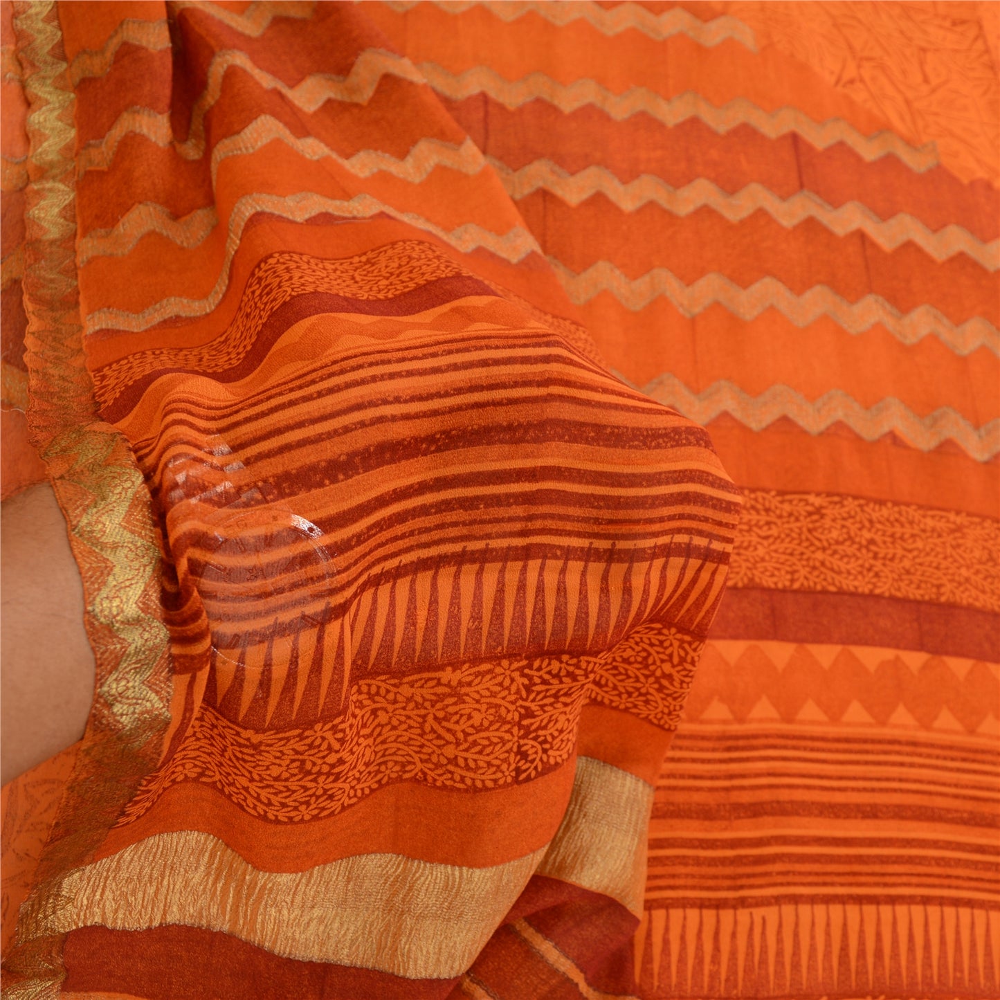 Sanskriti Vintage Sarees Saffron Pure Georgette Silk Printed Sari Craft Sustainable Fabric