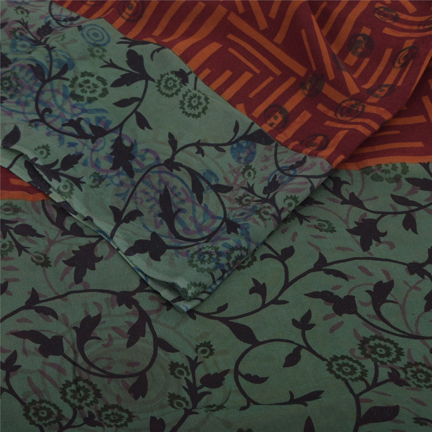 Sanskriti Vintage Sari 100% Pure Georgette Silk Saree Brown/Green Printed 5Yd Craft Fabric Boho Quilting Material For DIY Projects