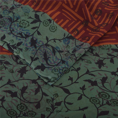 Sanskriti Vintage Sari 100% Pure Georgette Silk Saree Brown/Green Printed 5Yd Craft Fabric Boho Quilting Material For DIY Projects