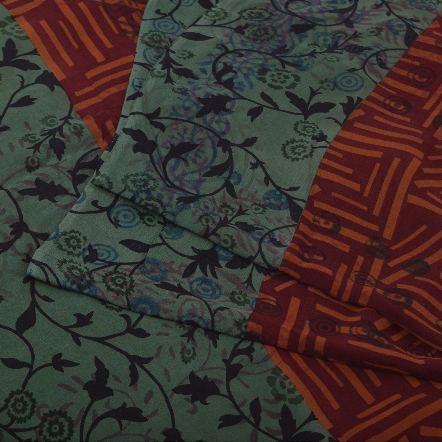 Sanskriti Vintage Sari 100% Pure Georgette Silk Saree Brown/Green Printed 5Yd Craft Fabric Boho Quilting Material For DIY Projects