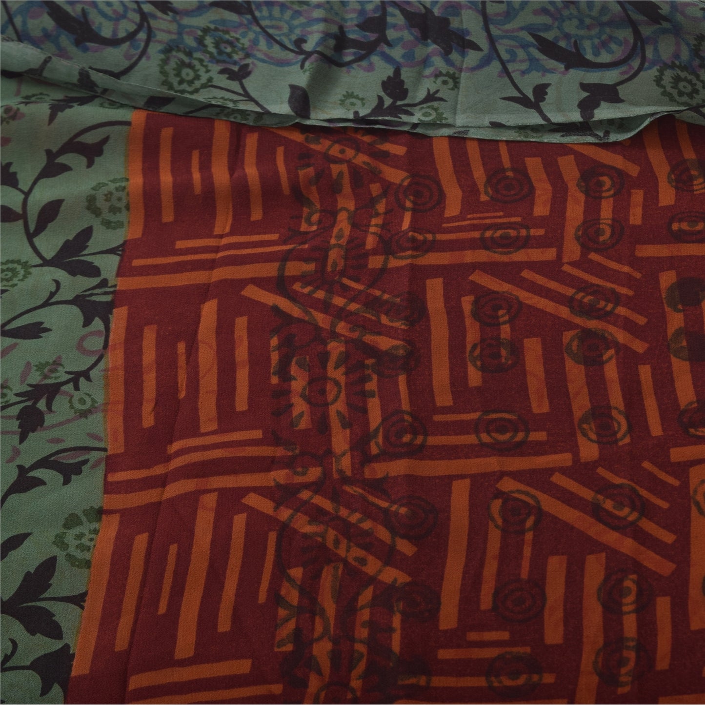 Sanskriti Vintage Sari 100% Pure Georgette Silk Saree Brown/Green Printed 5Yd Craft Fabric Boho Quilting Material For DIY Projects