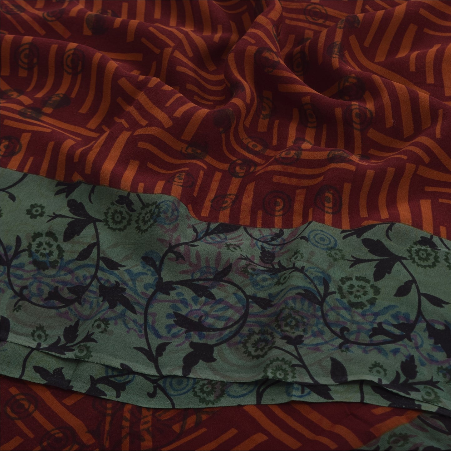 Sanskriti Vintage Sari 100% Pure Georgette Silk Saree Brown/Green Printed 5Yd Craft Fabric Boho Quilting Material For DIY Projects