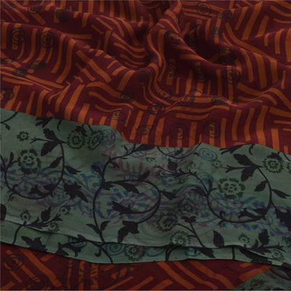 Sanskriti Vintage Sari 100% Pure Georgette Silk Saree Brown/Green Printed 5Yd Craft Fabric Boho Quilting Material For DIY Projects