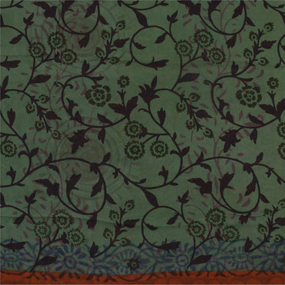 Sanskriti Vintage Sari 100% Pure Georgette Silk Saree Brown/Green Printed 5Yd Craft Fabric Boho Quilting Material For DIY Projects
