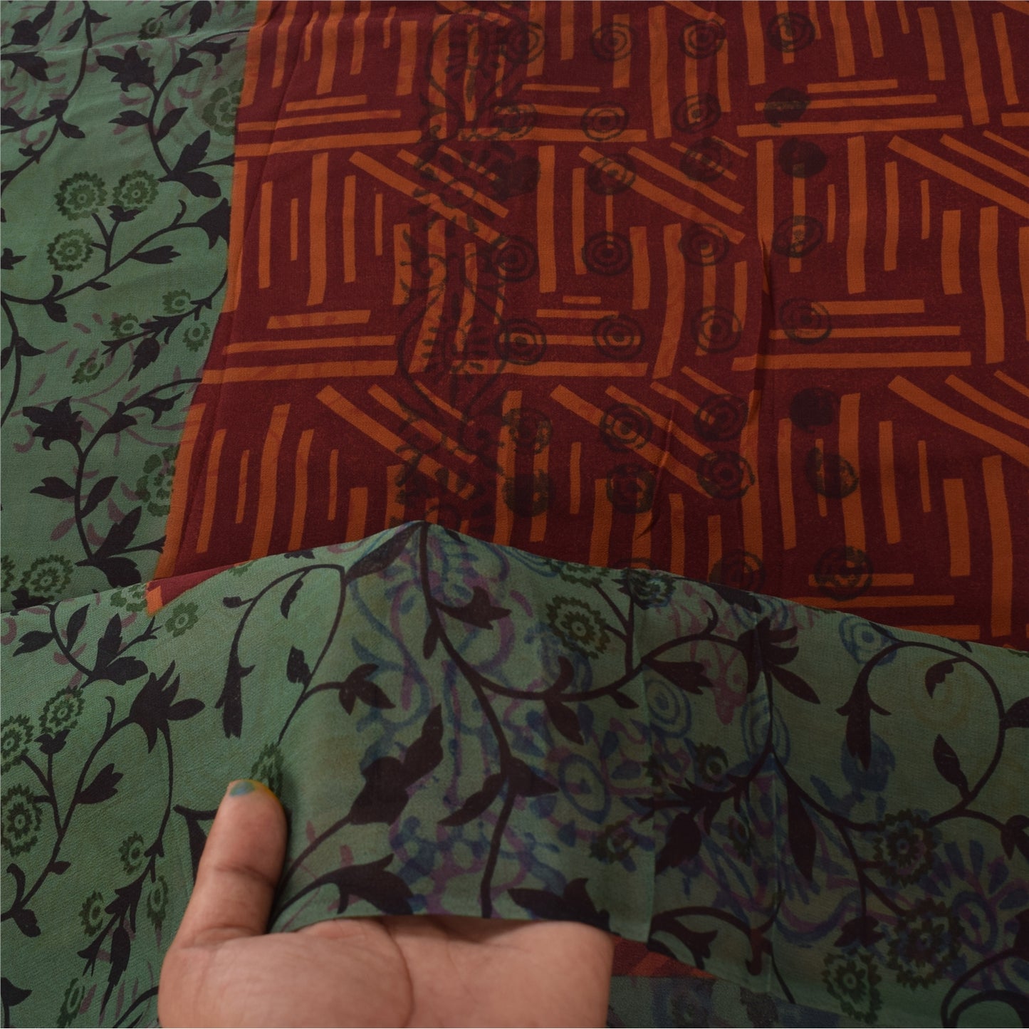 Sanskriti Vintage Sari 100% Pure Georgette Silk Saree Brown/Green Printed 5Yd Craft Fabric Boho Quilting Material For DIY Projects