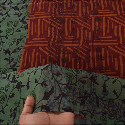 Sanskriti Vintage Sari 100% Pure Georgette Silk Saree Brown/Green Printed 5Yd Craft Fabric Boho Quilting Material For DIY Projects