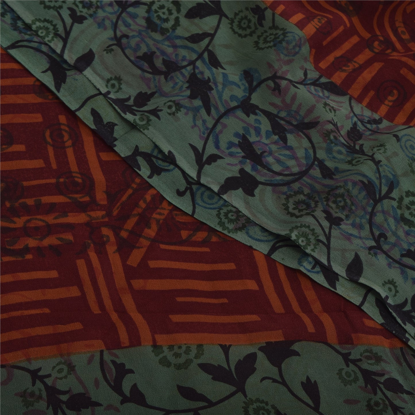 Sanskriti Vintage Sari 100% Pure Georgette Silk Saree Brown/Green Printed 5Yd Craft Fabric Boho Quilting Material For DIY Projects