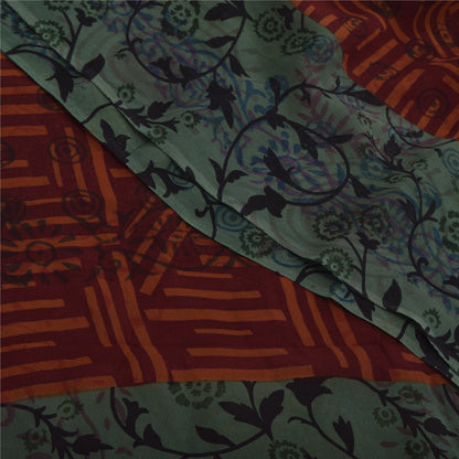 Sanskriti Vintage Sari 100% Pure Georgette Silk Saree Brown/Green Printed 5Yd Craft Fabric Boho Quilting Material For DIY Projects