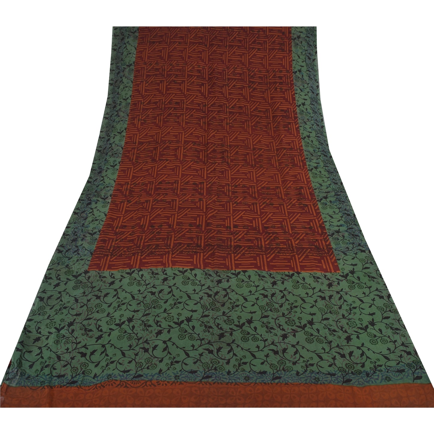 Sanskriti Vintage Sari 100% Pure Georgette Silk Saree Brown/Green Printed 5Yd Craft Fabric Boho Quilting Material For DIY Projects