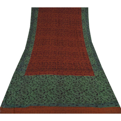 Sanskriti Vintage Sari 100% Pure Georgette Silk Saree Brown/Green Printed 5Yd Craft Fabric Boho Quilting Material For DIY Projects